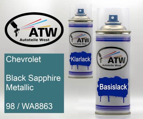 Chevrolet, Black Sapphire Metallic, 98 / WA8863: 400ml Sprühdose + 400ml Klarlack - Set, von ATW Autoteile West.